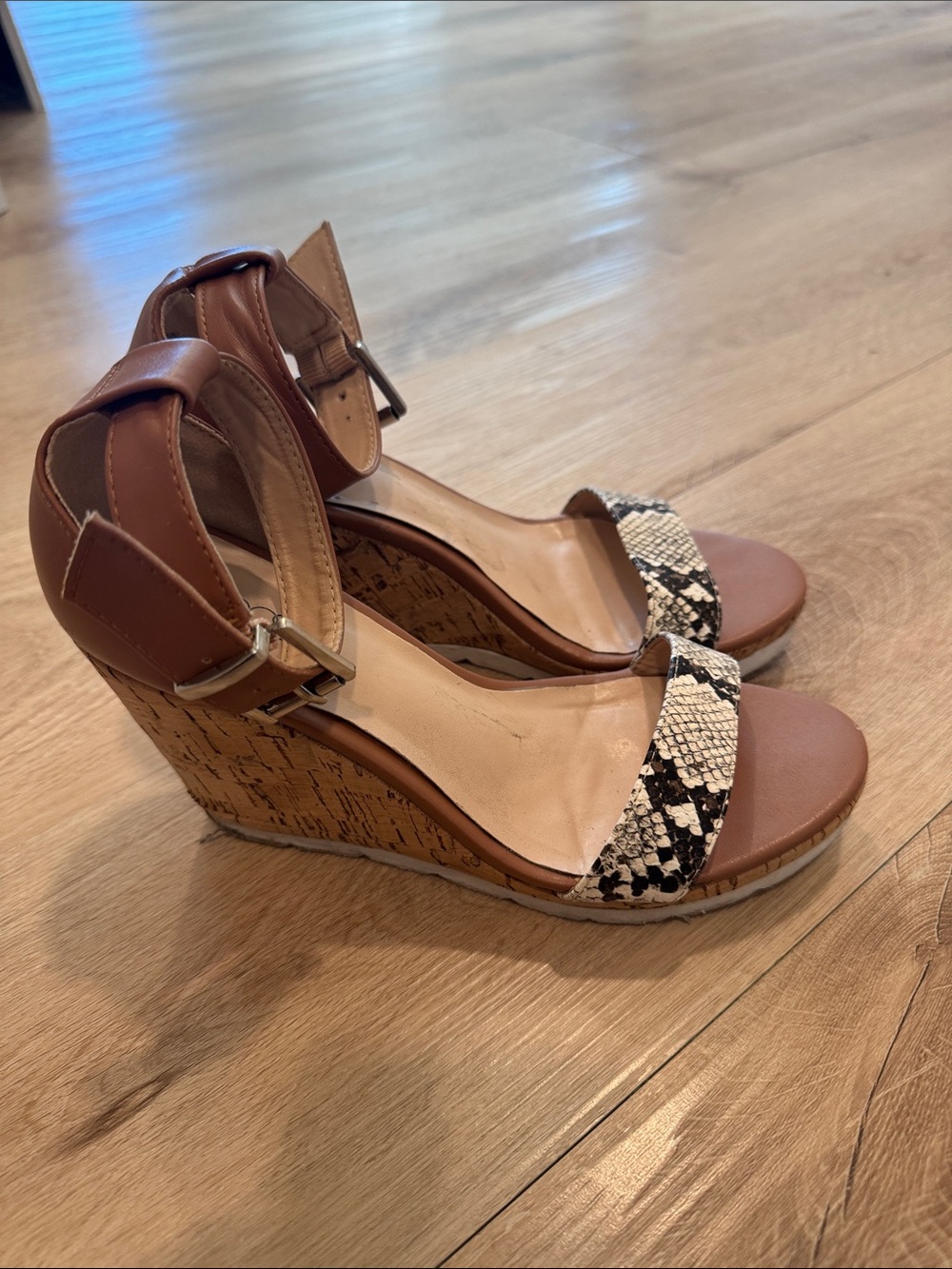 Abound Brown Cork Wedge Sandals with Black & White Snakeskin Strap